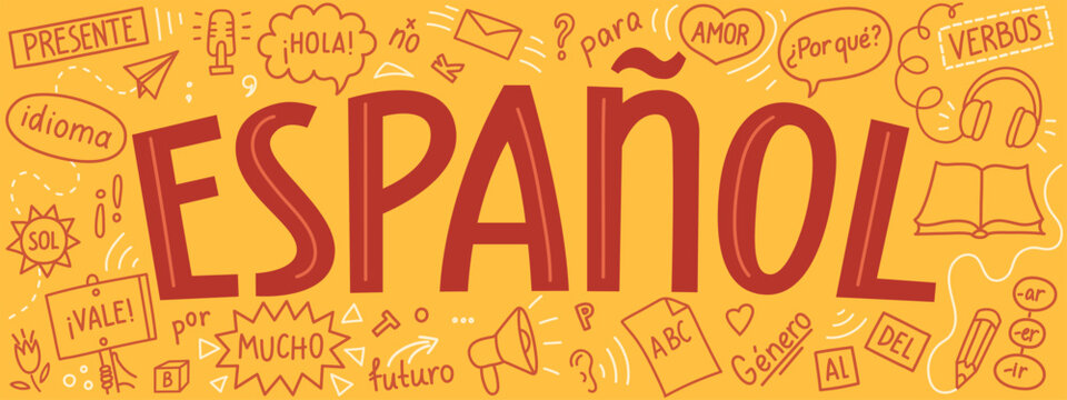 Espanol. Spanish language learning concept with hand-drawn grammar doodles and lettering. Horizontal banner.