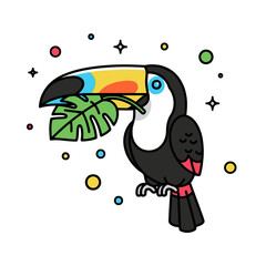 Obraz premium Colorful Toucan Bird Holding A Tropical Leaf In Its Beak Surrounded By Floating Geometric Shapes Representing A Joyful Wildlife Theme For Creative Children Books And Fun Educational Pattern