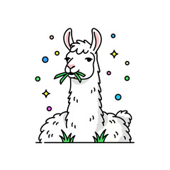 Obraz premium Cute Cartoon Llama Eating Fresh Grass Surrounded By Colorful Confetti Dots For Celebratory Birthday Party Designs Or Greeting Cards Featuring A Friendly Peruvian Mammal Having A Very Happy Snack