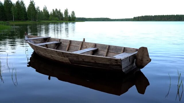 Empty wooden rowing boat floating on calm lake water.