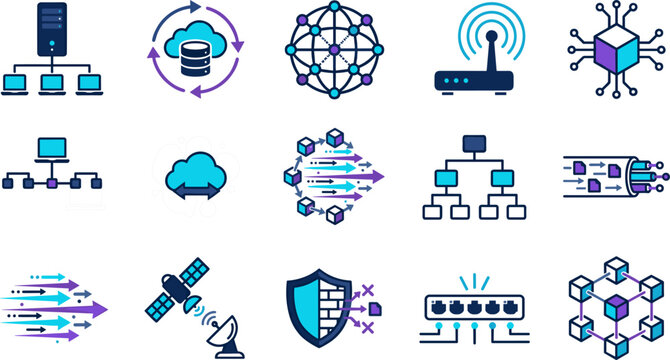 Computer Network and Cloud Computing Technology Icon Set Featuring Servers, Routers, Cybersecurity Firewalls, Data Blocks, and Global Telecom Communication Vectors
