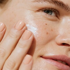 Naklejka premium Skincare routine of a young woman applying moisturizer cream for beauty hydration