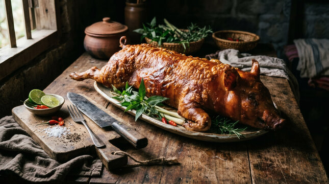 Whole Roasted Suckling Pig Rustic Wooden Table Vietnamese Tradition