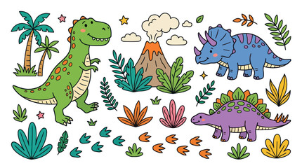 Colorful cartoon dinosaur characters and prehistoric environment set. © Dias
