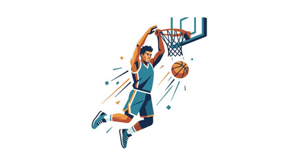Basketball player performing a slam dunk during a game. © Haya