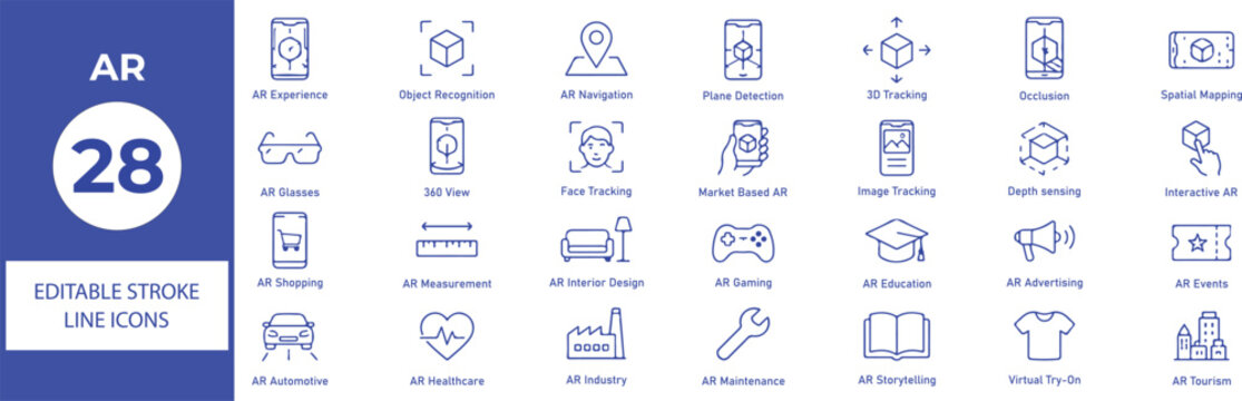 Augmented Reality (AR) Vector Outline Icons Set &ndash; Object Recognition, Face Tracking, Navigation, AI and Metaverse Line Symbols Collection