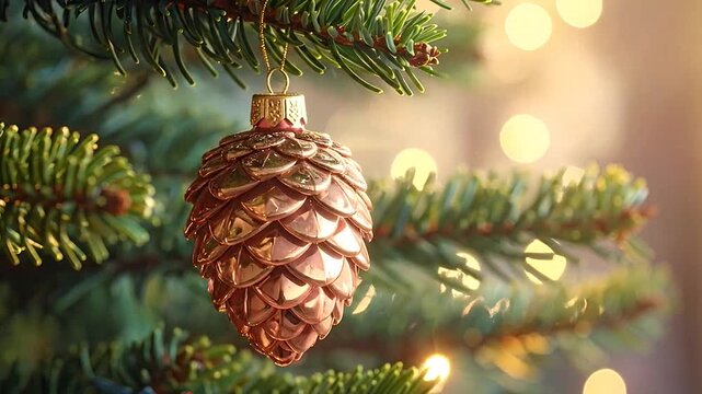 A decorative gold pinecone ornament hangs from a Christmas tree branch amidst green needles and warm lights