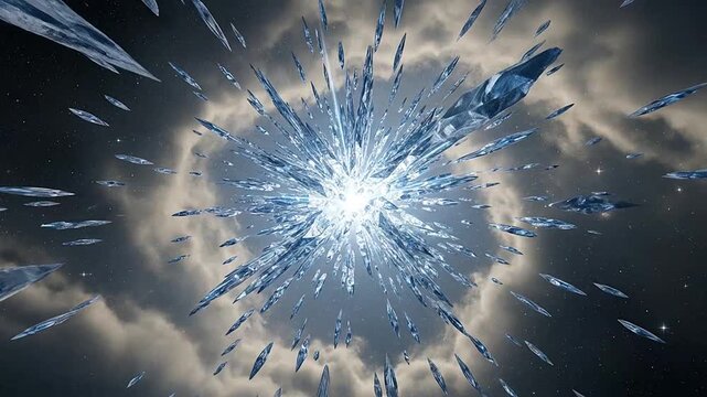 Shattered ice crystals explode outward from a brilliant central light source in deep space