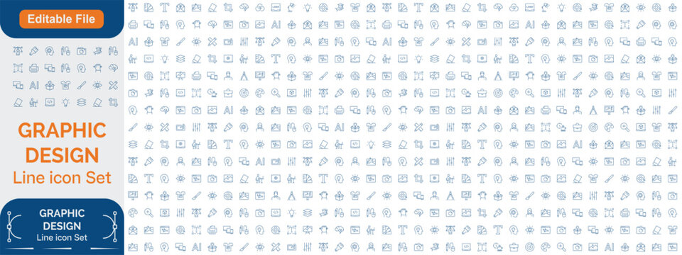 Graphic Design line editable icon set.Contains such icons Creativity, Layout, Mobile App Design, Art Tools, Drawing Tablet, Typography, and more. Editable stroke. Line icon set and Editable icon set