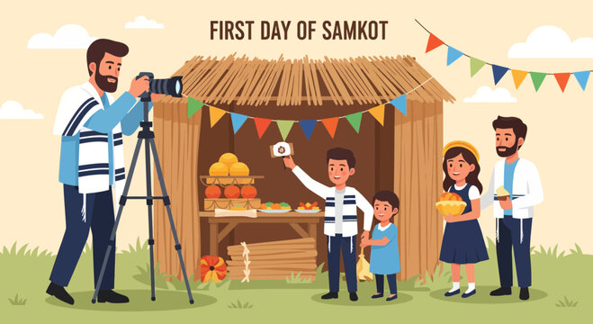 Family celebrating the first day of Samkot with photography at a festive outdoor market stall