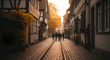Fototapeta premium People walking on a cobblestone street between historic buildings