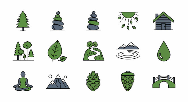 Nature and meditation themed icon set with trees, mountains, water, and zen stones.