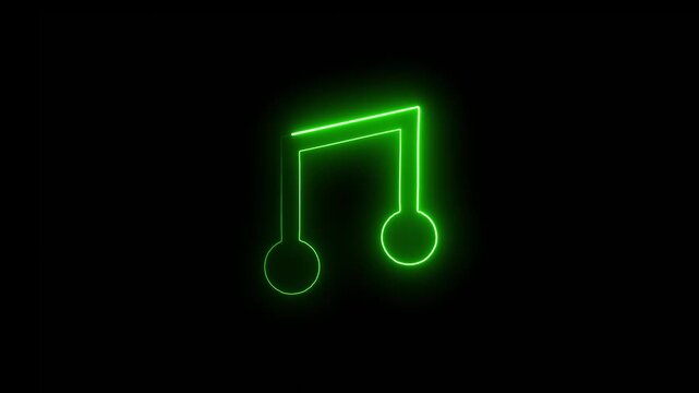 Abstract Glowing blue neon line audio music player icon animation.Music notes glowing sign of green colors. Glowing neon note sign, melody.green neon line and black background