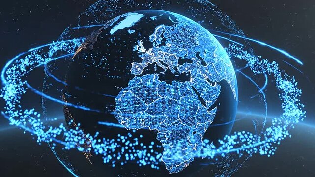 Digital blue holographic globe with interconnected data points and orbital rings floating in deep space