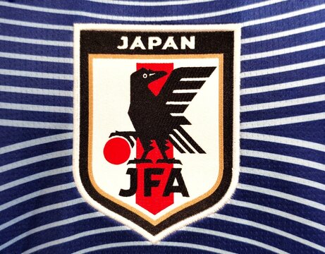 Photo of the embroidered emblem featured on the Japan national football team's 2026 home kit. Known as the Samurai Blue, the team is governed by the Japan Football Assocciation (JFA).