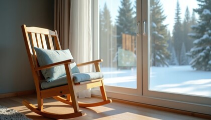 Fototapeta premium Wooden rocking chair with cushion sits by window. Outside is sunny winter forest scene. Indoor, natural light illuminates peaceful interior room.