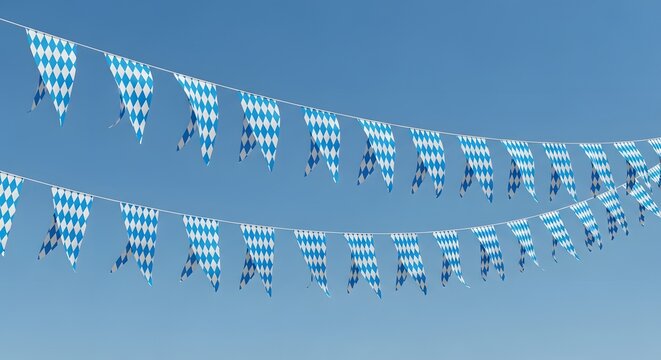 Blue and white diamond pattern bunting in blue sky