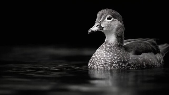 A grayscale photograph of a duck resting serenely on the water, with dark, blurred background