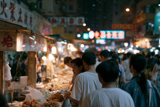 Night market buzzes with warm lanterns and savory stalls. People move through crowds, drawn by food and light. Faces show quiet focus, hunger, or simple enjoyment. Busy streets echo with chatter