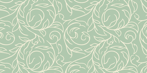 Fototapeta premium The image features a vibrant green background with intricate leafy floral patterns in a light beige color.