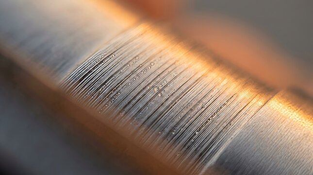Close up of wet grooved metal with parallel lines and sparkling water droplets