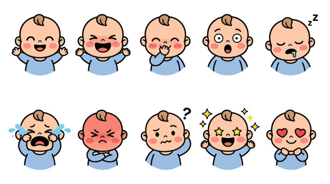 Cute baby character with various facial expressions and emotions