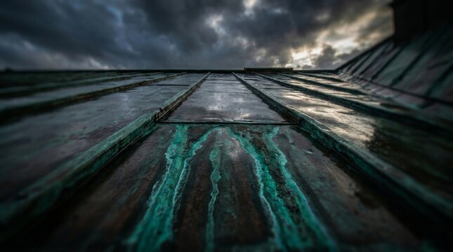 Textured green copper roof surface with water streaks and aged patina closeup