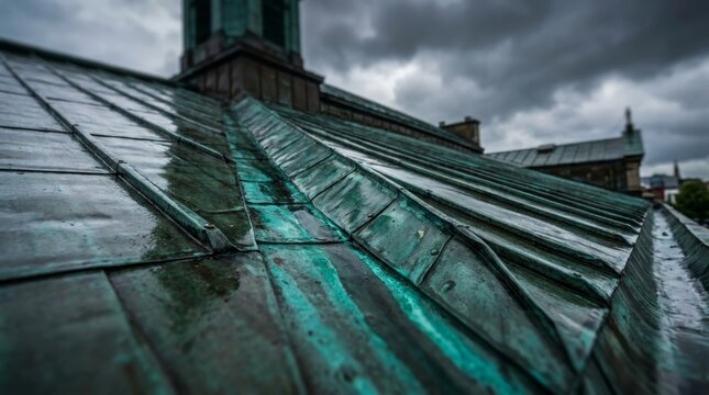 Close up of historic green patina copper roof tiles with weathered texture