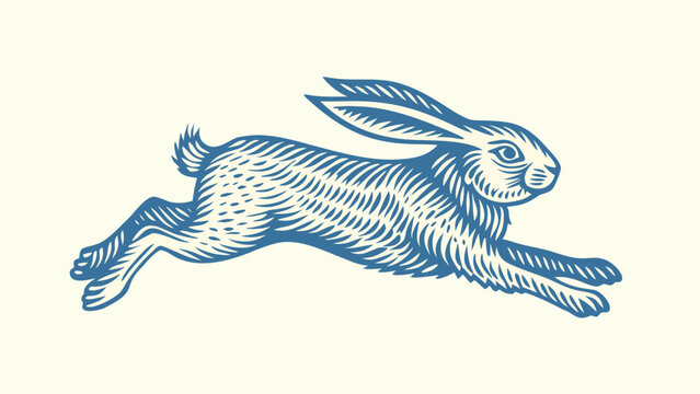 Running Hare Illustration Vintage Engraving Style With Blue Tones