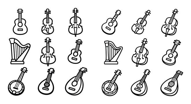 musical instruments and strings vector icons with guitar, harp and banjo for infographic design in outline style