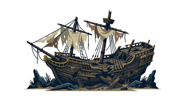 Ancient wooden shipwreck with tattered sails on rocks.