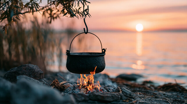 Close-up of a black cast iron pot hanging over a small campfire on a rocky lake shore. Beautiful sunset sky and water reflection on the background, cozy outdoor camping cooking scene with copy space