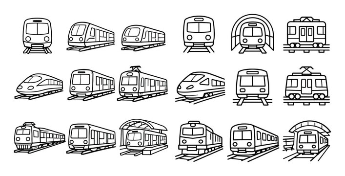 trains and transport vector icons with subway, high speed and trolley for mobile app design in outline style