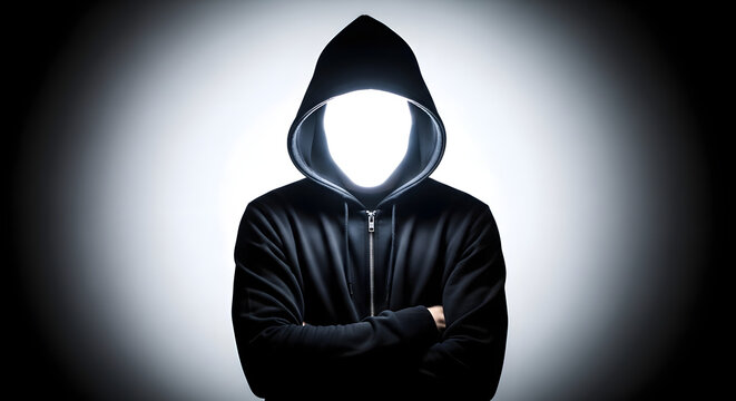 Anonymous hooded figure with glowing blank face in dark background