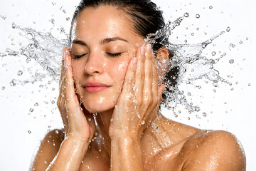Naklejka premium A beautiful young woman with her eyes closed splashes water on her face, refreshing her skin in a studio shot isolated on a clean white background.