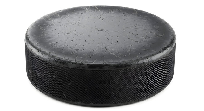 Used hockey puck with visible surface scratches isolated on white background