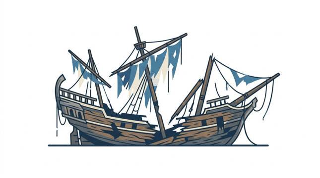 Old Wooden Pirate Shipwreck With Tattered Sails Illustration.