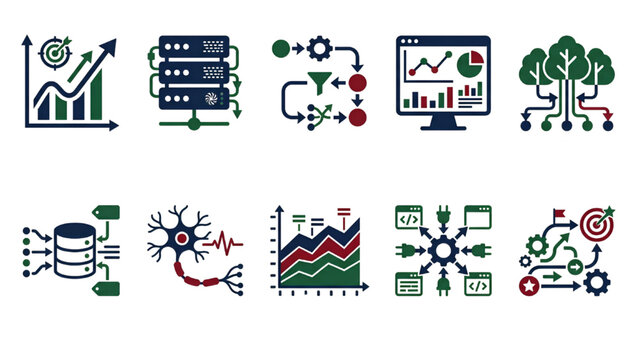 Data analysis and machine learning icons for business and technology