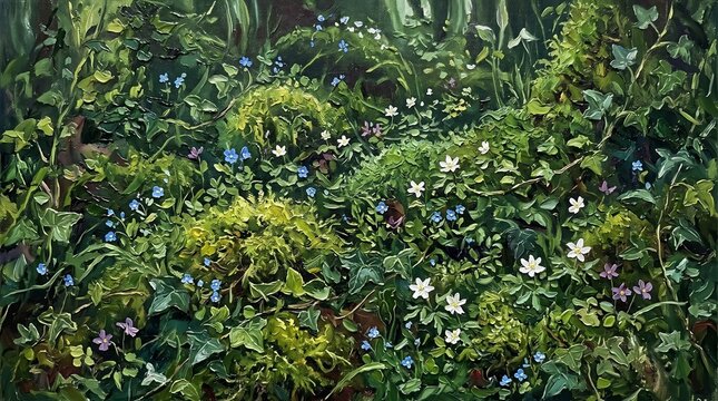 Impressionist Oil Painting of Dense Forest Floor with Moss Ivy and Wildflowers