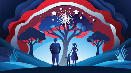 Fototapeta premium Family watching fireworks by a tree at night with patriotic red white blue theme