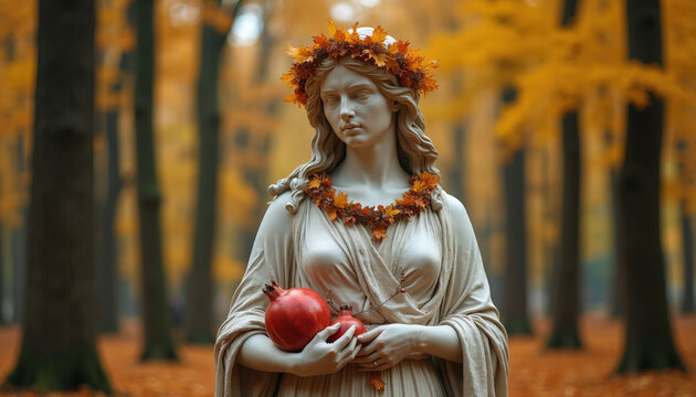 Stone statue of Persephone in autumn forest with fallen leaves. Goddess holds pomegranates. She wears a leaf wreath and necklace, showing season change.