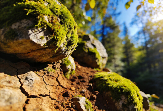 Green moss covered rocks in beautiful sunny forest macro view. 