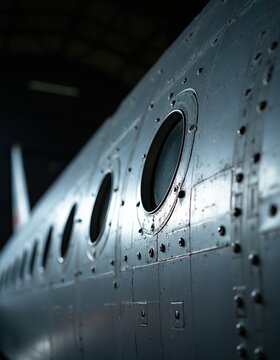 Close-up of airplane fuselage side with many round windows and rivets. Metal surface shows texture and wear. Industrial construction detail of old aircraft.