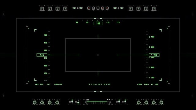 Futuristic digital heads up display interface with tactical targeting crosshair and data metrics.