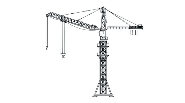 Heavy duty construction tower crane vector illustration line art