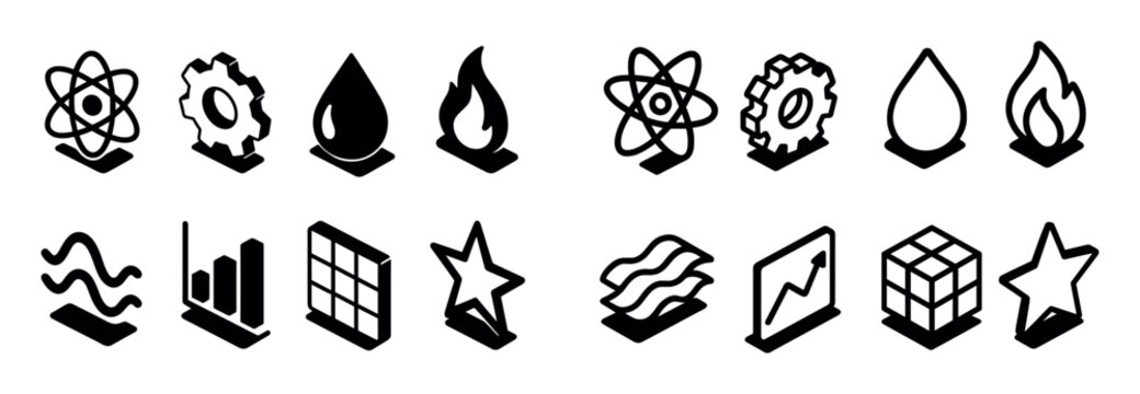 Science icons with atom gear and flame outline