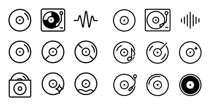Music icons with record and turntable outline