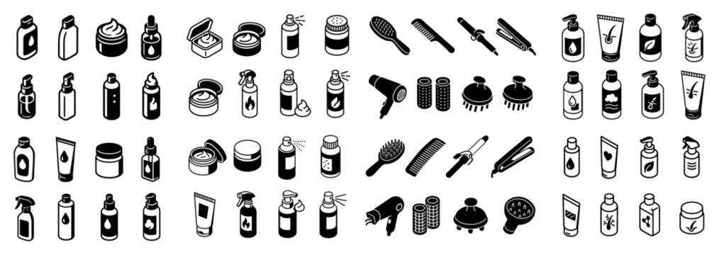 Beauty icons with bottle brush comb outline