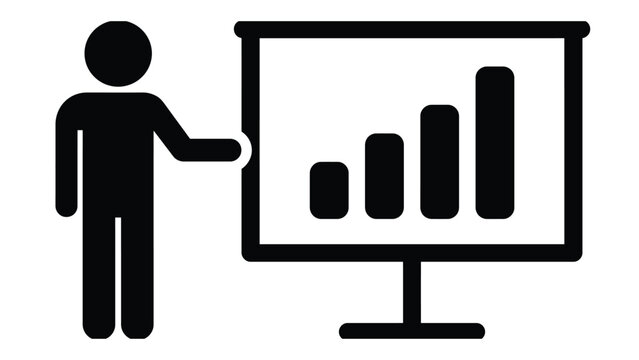 Presenter stands beside a bar chart board to explain data and business strategies.