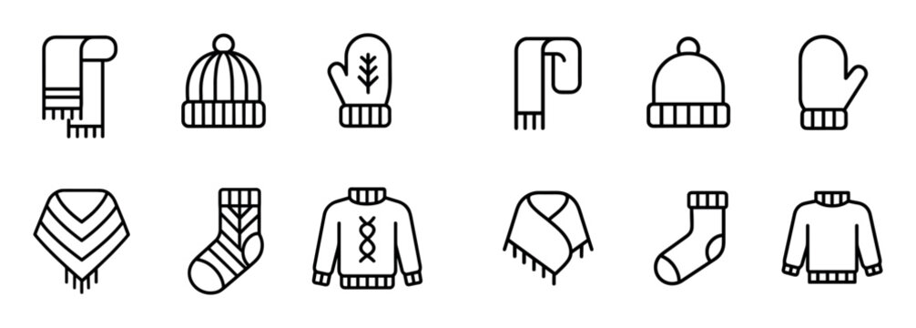 Winter icons with scarf hat mitten outline